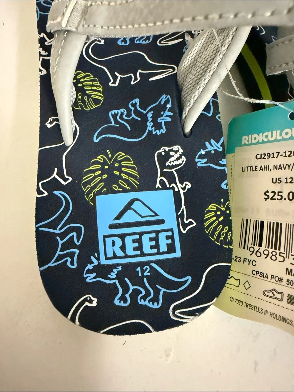Reef Kids Gray Strappy Sandals with Navy Dino Print and Lime Accents